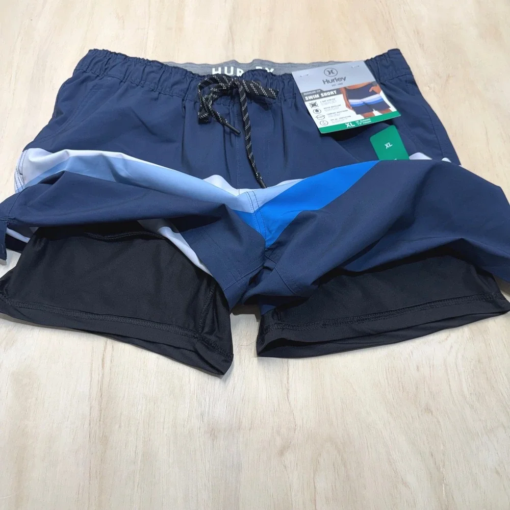 Hurley Swim Shorts Mens XL Blue Stripe Stretch UPF 50+ Board Trunks Lined NEW